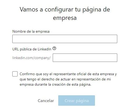 Crear empresa en LinkedIn -Ventana "Vamos a configurar tu página de empresa"